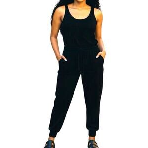 Aerie Jumpsuit Womens S Black Velvet Sleeveless Drawstring Pockets Minimalist